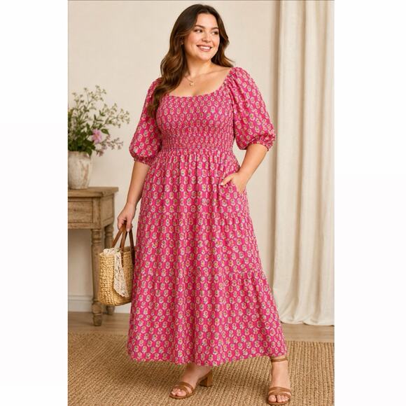 Anthropologie Dresses & Skirts - Anthropologie LEA Smocked Floral Cotton Maxi Dress Pockets 1X Country Chic Boho